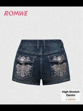 Y2K Embroidered Cross & Rhinestone Low Rise Low Waist Mini Denim Shorts